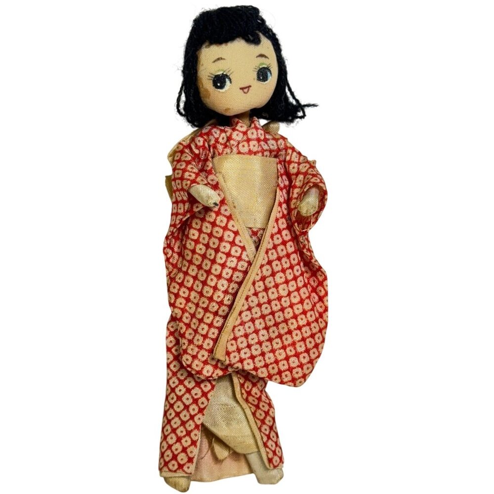 Japanese Cotton Kimono Doll Embroidered Features Red Diamond Patterned Robe Vtg